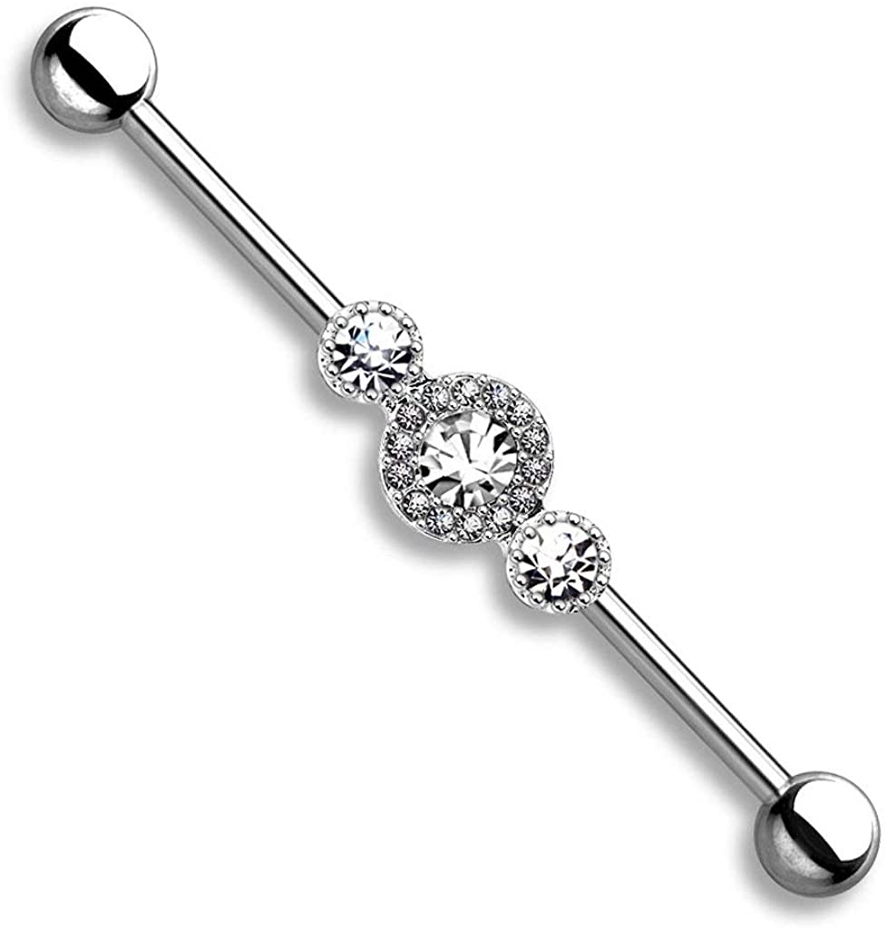 Forbidden Body Jewelry 14g 1.5 Inch (38mm) Surgical Steel Super Glam Triple CZ Industrial Barbell