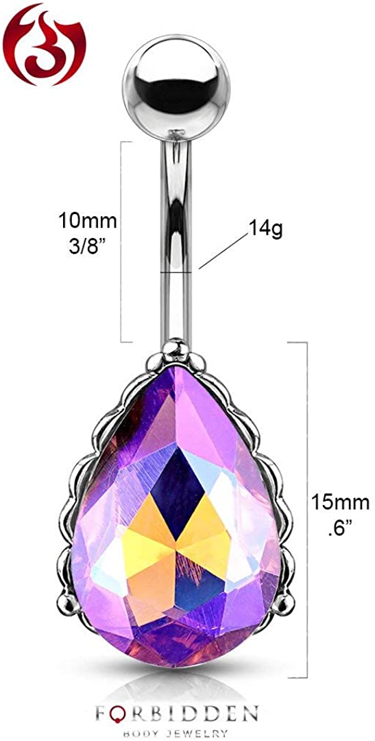 Forbidden Body Jewelry Surgical Steel Belly Ring with Iridescent AB Effect Tear Drop Crystal