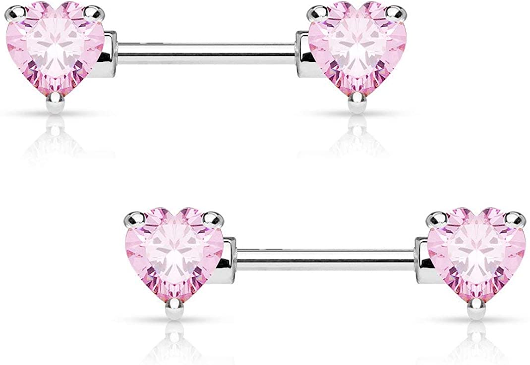 Forbidden Body Jewelry Pair of Surgical Steel 1/2-5/8 Inch (12-16mm) Cubic Zirconia Crystal Double Heart Nipple Barbells