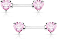 Forbidden Body Jewelry Pair of Surgical Steel 1/2-5/8 Inch (12-16mm) Cubic Zirconia Crystal Double Heart Nipple Barbells