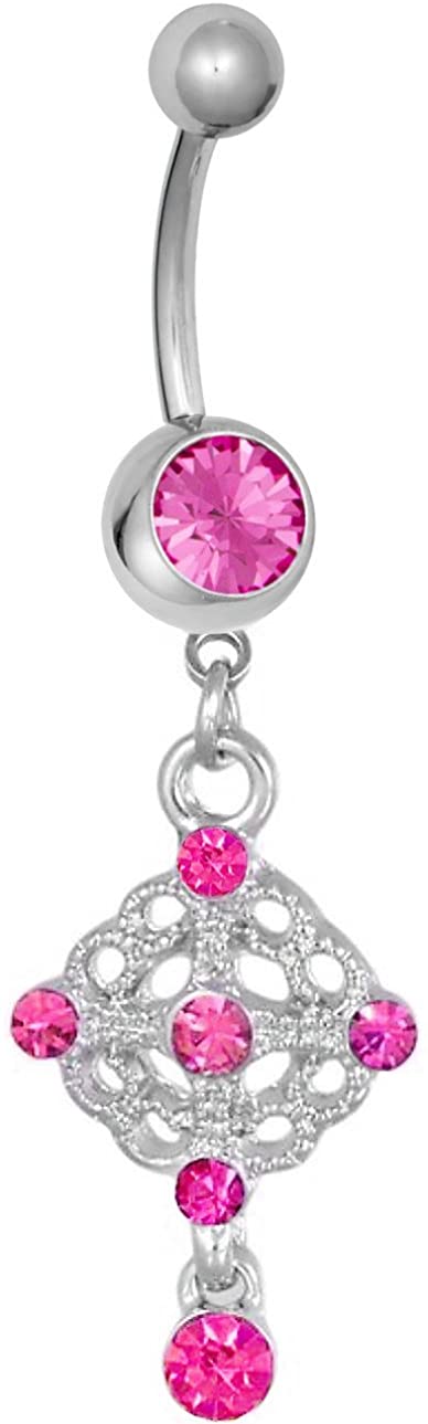 Forbidden Body Jewelry Surgical Steel Rhodium Plated Pink CZ Chandelier Dangle Belly Button Ring