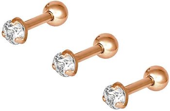 Forbidden Body Jewelry Set of 3 Cartilage Studs: 16g 6mm Surgical Steel Rose Gold Plated 3mm CZ Crystal Studs