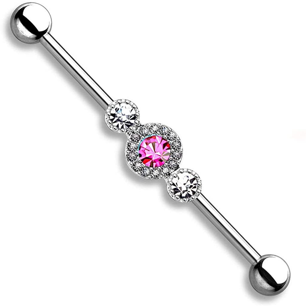 Forbidden Body Jewelry 14g 1.5 Inch (38mm) Surgical Steel Super Glam Triple CZ Industrial Barbell