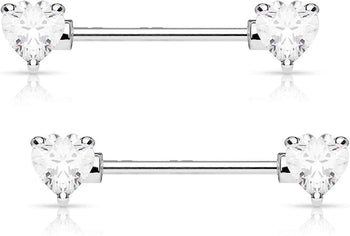 Forbidden Body Jewelry Pair of Surgical Steel 1/2-5/8 Inch (12-16mm) Cubic Zirconia Crystal Double Heart Nipple Barbells