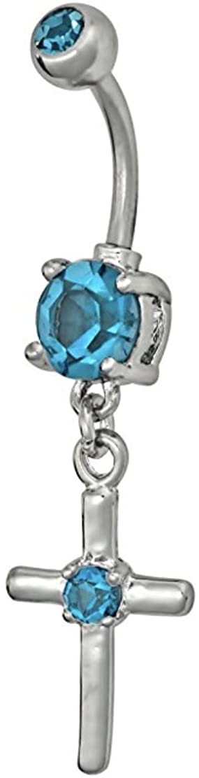 Forbidden Body Jewelry Surgical Steel Light Blue Jeweled CZ Cross Dangle Belly Button Ring