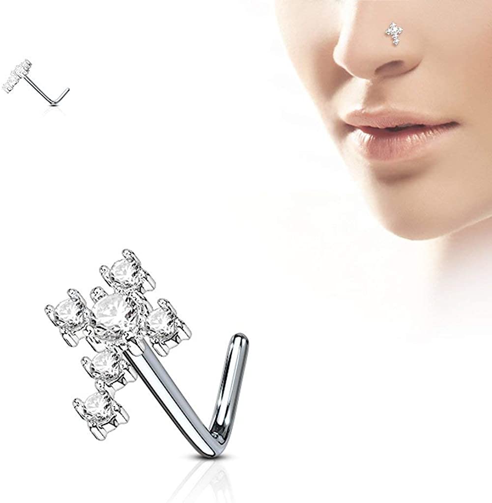 Forbidden Body Jewelry 20g Surgical Steel Large CZ Crystal Cross L-Shaped Nose Stud (Choose Color)