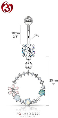 Forbidden Body Jewelry Surgical Steel Fancy Dangle Belly Button Ring with Flower, CZ and Opalite Detail