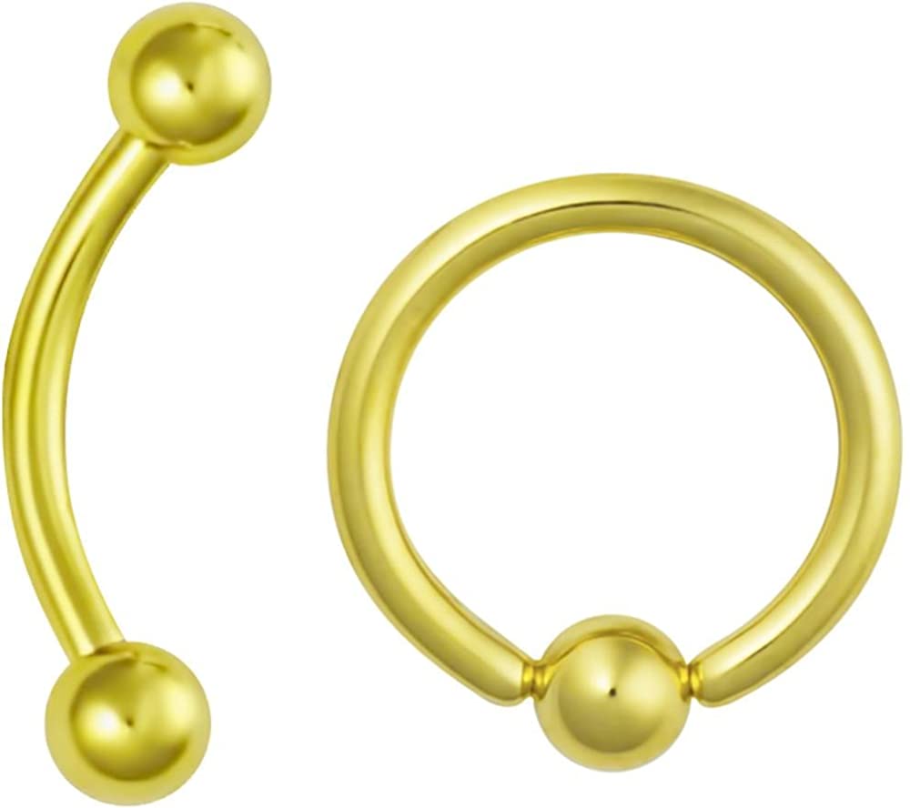 Set of 2: 16g Gold IP Plated Daith Earring, Eyebrow Ring and Rook Piercing Jewelry, Hoop & Curved Barbell