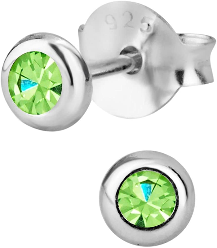 Hypoallergenic Sterling Silver Round Light Green Crystal Stud Earrings for Kids (Nickel Free)