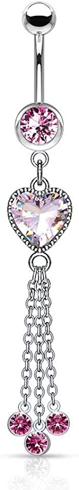 Forbidden Body Jewelry Surgical Steel Dangle Belly Button Ring Featuring CZ Heart and Chains