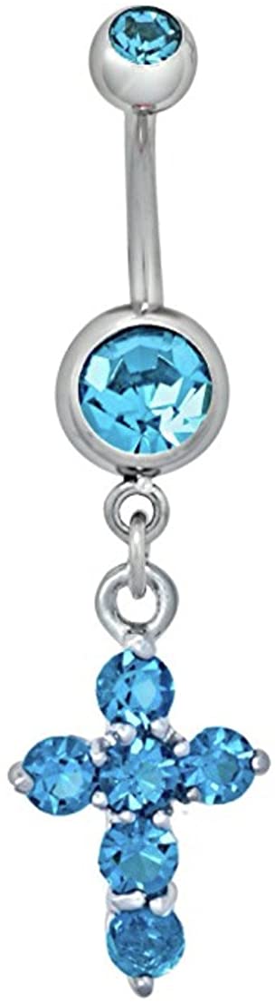 Forbidden Body Jewelry Surgical Steel Aqua CZ Crystal Jeweled Cross Dangle Belly Button Ring