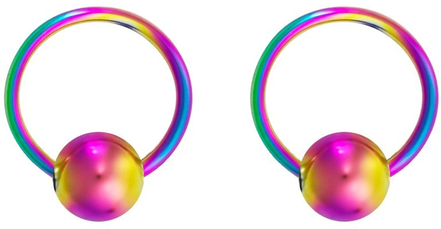 Pair 10g-20g Black/Rainbow Surgical Steel Captive Bead Body Piercing Hoops (Select Color/Gauge/Diameter)