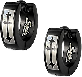 Stainless Steel Black Semi Matte Medieval Roman Cross Huggie Hoop Earrings for Men