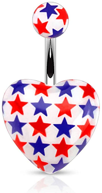 Forbidden Body Jewelry Surgical Steel Red & Blue Stars Heart Acrylic Belly Button Ring