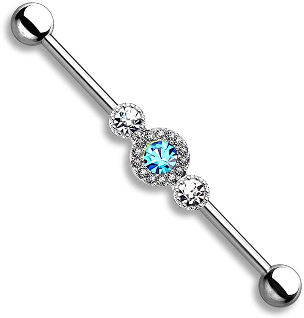 Forbidden Body Jewelry 14g 1.5 Inch (38mm) Surgical Steel Super Glam Triple CZ Industrial Barbell