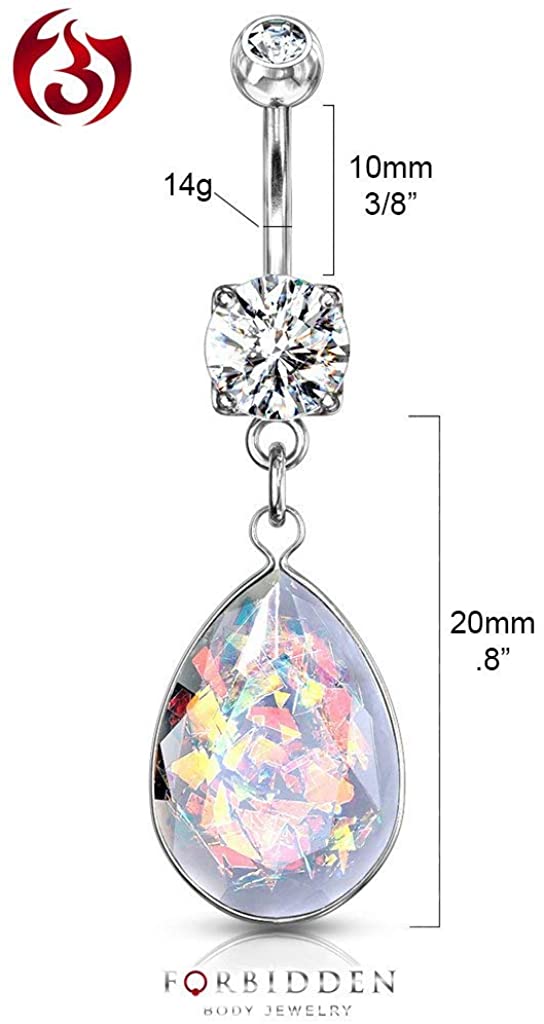 Forbidden Body Jewelry Surgical Steel CZ Dangle Belly Button Ring with Teardrop Rainbow Glitter Opalite