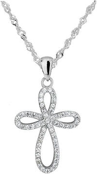 Sterling Silver CZ Simulated Diamond Round Cross 18" Singapore Chain Pendant Necklace