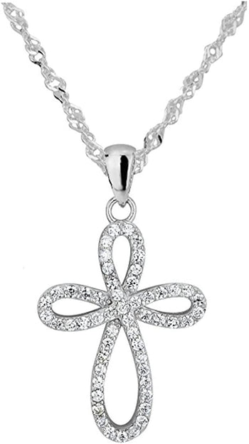 Sterling Silver CZ Simulated Diamond Round Cross 18 Singapore Chain Pendant Necklace