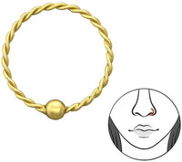 22G 10mm Gold Plated Sterling Braided Nose/Cartilage One Side Fixed Ball Hoop Ring