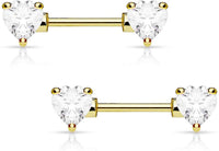 Forbidden Body Jewelry Pair of Surgical Steel 1/2-5/8 Inch (12-16mm) Cubic Zirconia Crystal Double Heart Nipple Barbells