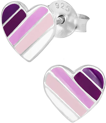 Hypoallergenic Sterling Silver Purple Striped Heart Stud Earrings for Kids (Nickel Free)