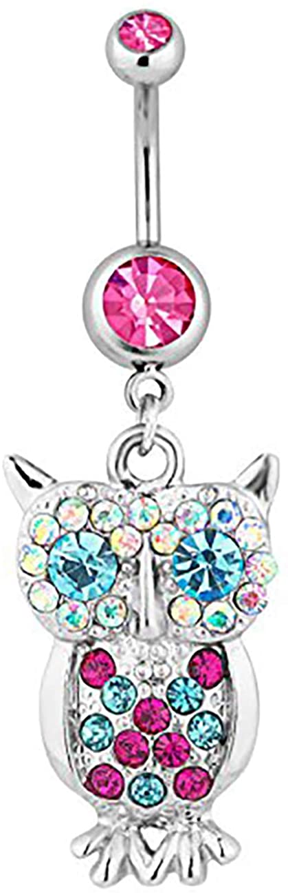 Surgical Steel Jeweled Pink Pave Gem Owl Animal Dangle Belly Button Ring