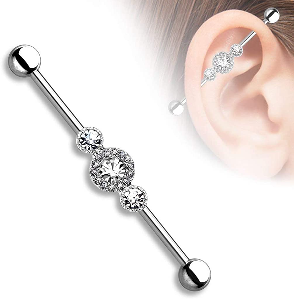 Forbidden Body Jewelry 14g 1.5 Inch (38mm) Surgical Steel Super Glam Triple CZ Industrial Barbell