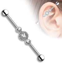 Forbidden Body Jewelry 14g 1.5 Inch (38mm) Surgical Steel Super Glam Triple CZ Industrial Barbell