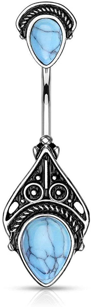 Forbidden Body Jewelry Surgical Steel Tribal Vintage Filigree Belly Button Ring with Faux Semi-Precious Stones
