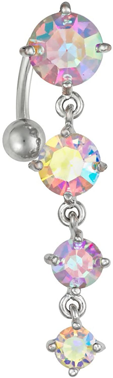 Forbidden Body Jewelry Sexy Reverse Mount Dangle Belly Button Ring with Cascade of Aurora Borealis Crystal Gems