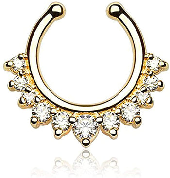 Forbidden Body Jewelry Non-Piercing Septum Jewelry: Multi Gem CZ Clip On Fake Septum Ring Hanger (No Piercing Required)