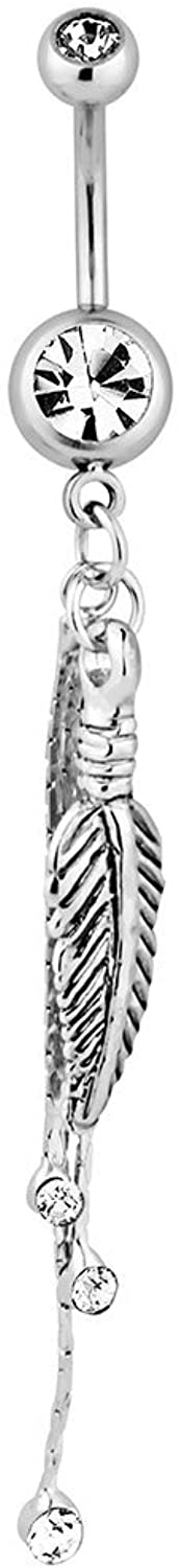 Surgical Steel Clear Jeweled Feather and CZ Chains Dangle Belly Button Ring