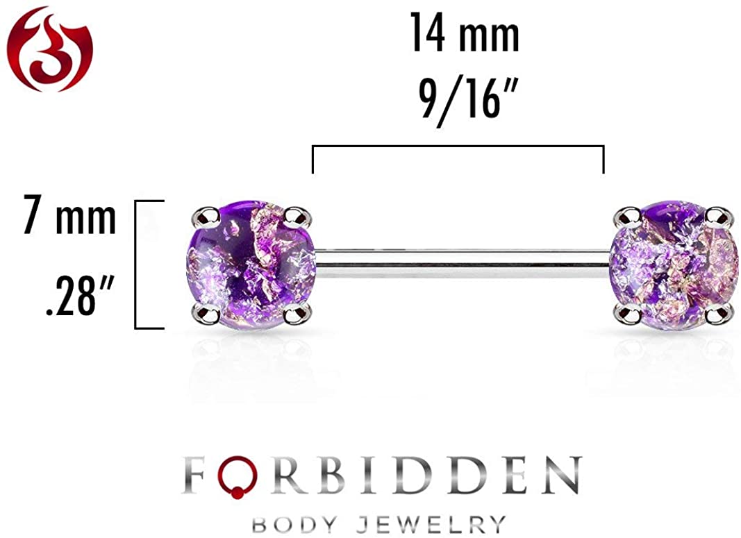 Forbidden Body Jewelry Pair of Surgical Steel 9/16 Inch (14mm) Glittery Faux Opal Stone Sexy Nipple Barbells