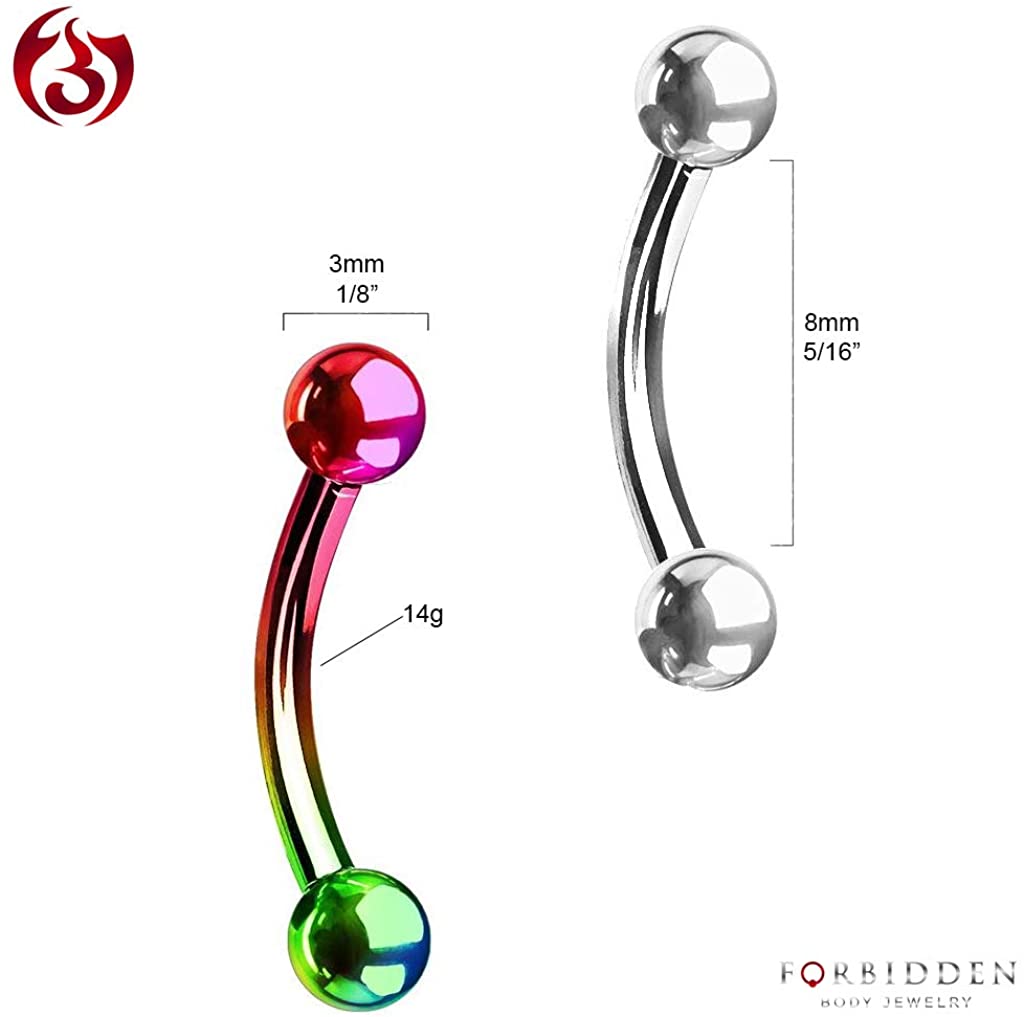 Forbidden Body Jewelry Set of 2 Petite Belly Rings: 14g 5/16 Inch Surgical Steel Curved Rainbow & Plain Barbells, 3mm Balls