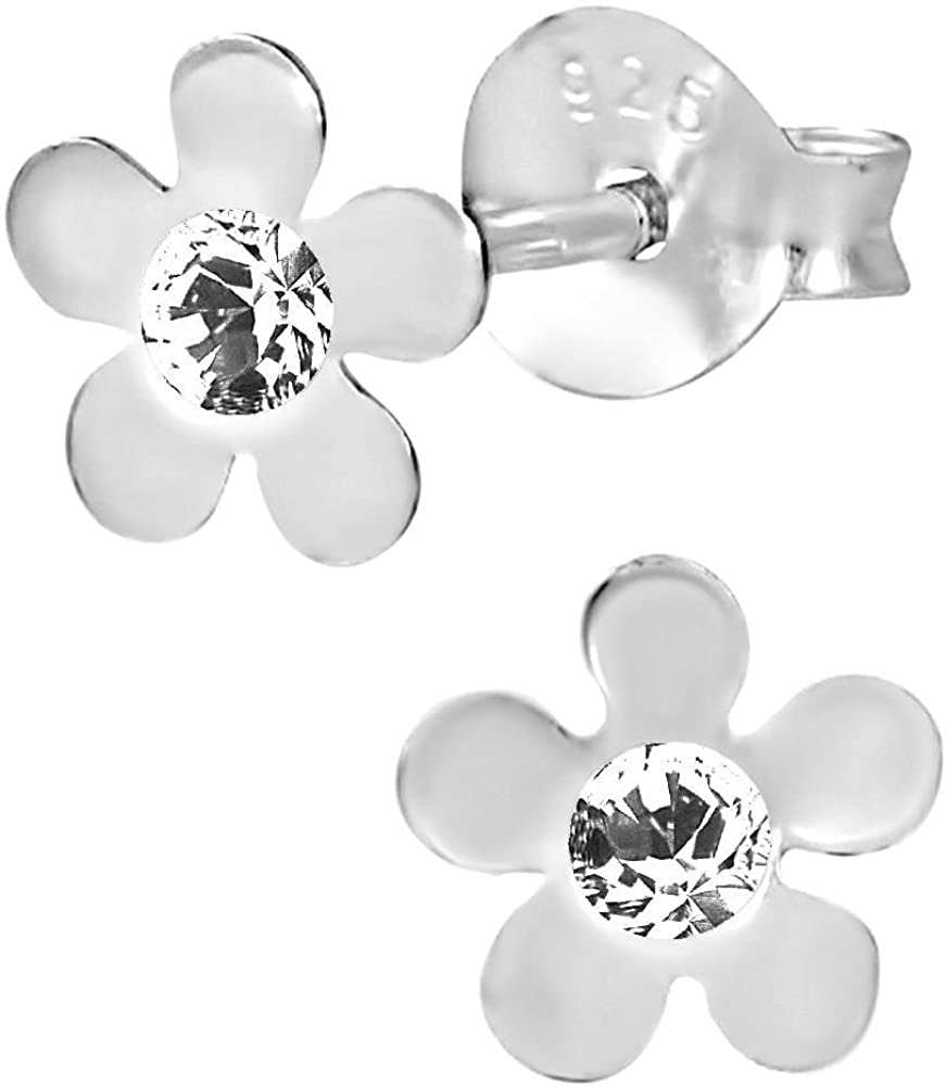 Hypoallergenic Sterling Silver Clear Crystal Flower Stud Earrings for Kids (Nickel Free)