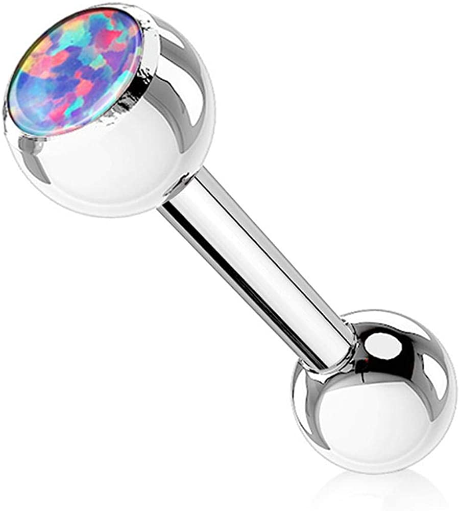 Forbidden Body Jewelry 14g 16mm Surgical Steel Tongue Piercing Barbell with 6mm Opalite Ball Top