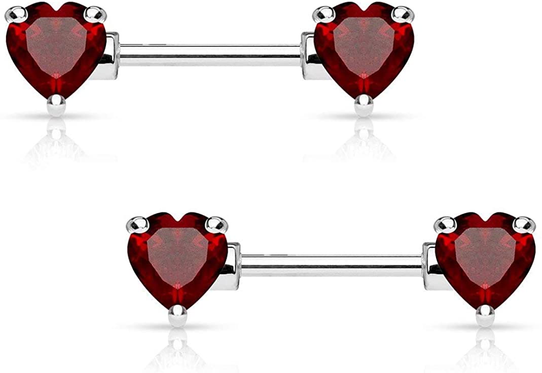 Forbidden Body Jewelry Pair of Surgical Steel 1/2-5/8 Inch (12-16mm) Cubic Zirconia Crystal Double Heart Nipple Barbells