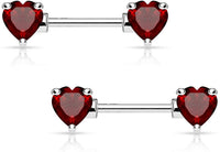 Forbidden Body Jewelry Pair of Surgical Steel 1/2-5/8 Inch (12-16mm) Cubic Zirconia Crystal Double Heart Nipple Barbells