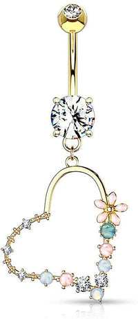 Forbidden Body Jewelry Surgical Steel Fancy Dangle Belly Button Ring with Flower, CZ and Opalite Detail