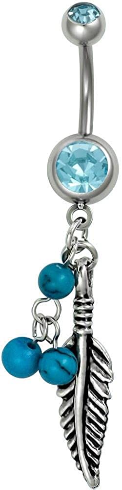 Surgical Steel Aqua CZ Jeweled Feather with Simulated Turquoise Stone Beads Dangle Belly Ring