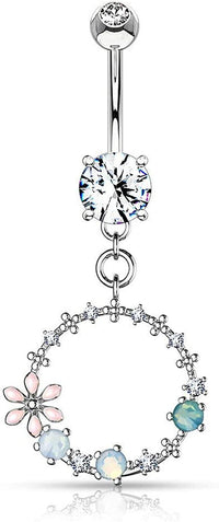 Forbidden Body Jewelry Surgical Steel Fancy Dangle Belly Button Ring with Flower, CZ and Opalite Detail