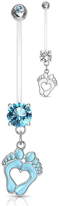 Forbidden Body Jewelry 14G 1" Pregnancy Bioflex Adjustable & Flexible Dangle Baby Feet CZ Maternity Belly Button Ring