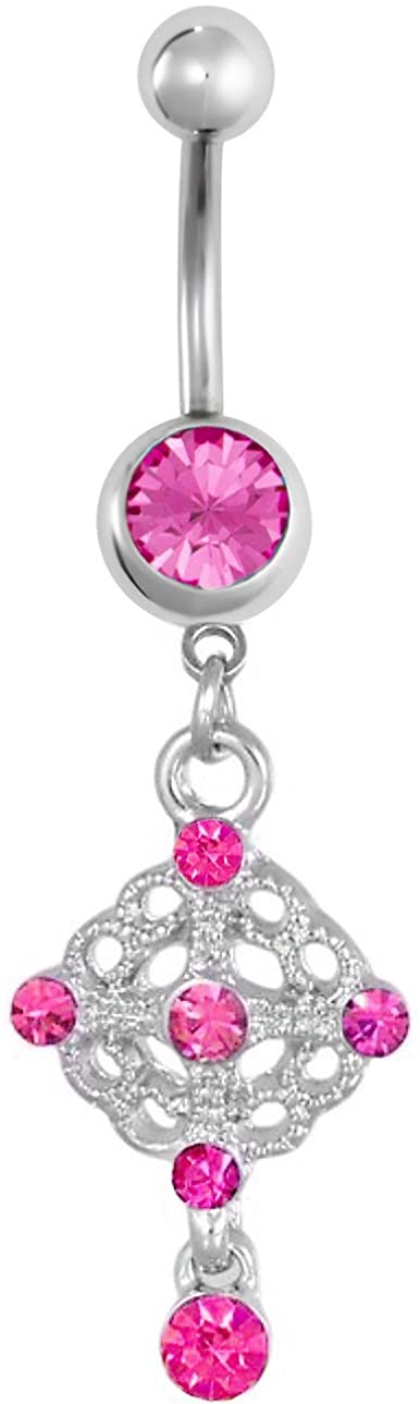 Forbidden Body Jewelry Surgical Steel Rhodium Plated Pink CZ Chandelier Dangle Belly Button Ring