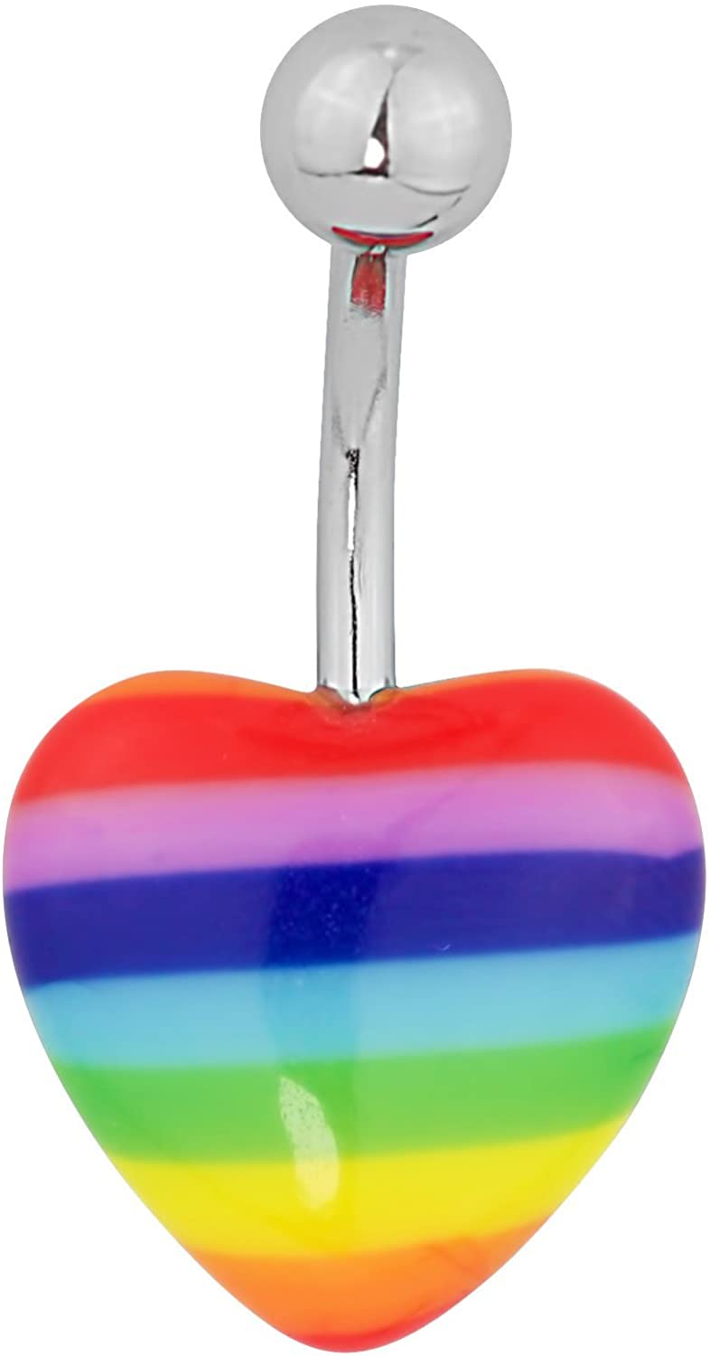 Forbidden Body Jewelry Surgical Steel Rainbow Heart One Love Gay Pride Acrylic Belly Button Ring