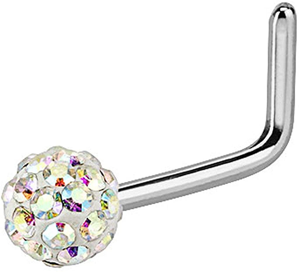 Forbidden Body Jewelry 20g Surgical Steel 3mm Crystal Glam Ball Top L-Shaped Nose Stud (Choose Color)