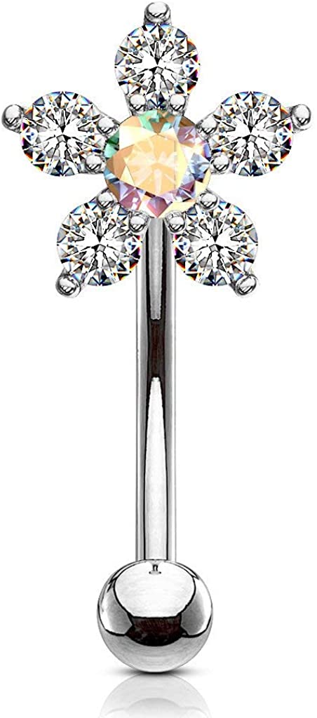 Forbidden Body Jewelry 16g 6mm Surgical Steel Curved Barbell for Daith, Eyebrow, Rook & Belly Button with CZ Floral Top