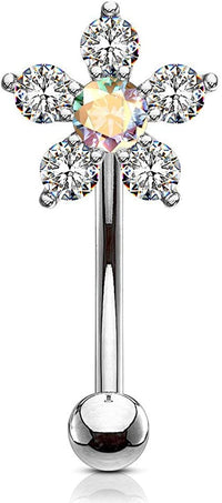 Forbidden Body Jewelry 16g 6mm Surgical Steel Curved Barbell for Daith, Eyebrow, Rook & Belly Button with CZ Floral Top