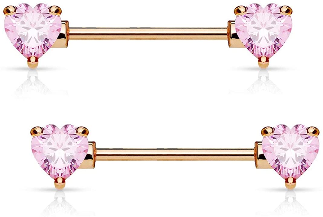 Forbidden Body Jewelry Pair of Surgical Steel 1/2-5/8 Inch (12-16mm) Cubic Zirconia Crystal Double Heart Nipple Barbells