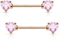 Forbidden Body Jewelry Pair of Surgical Steel 1/2-5/8 Inch (12-16mm) Cubic Zirconia Crystal Double Heart Nipple Barbells