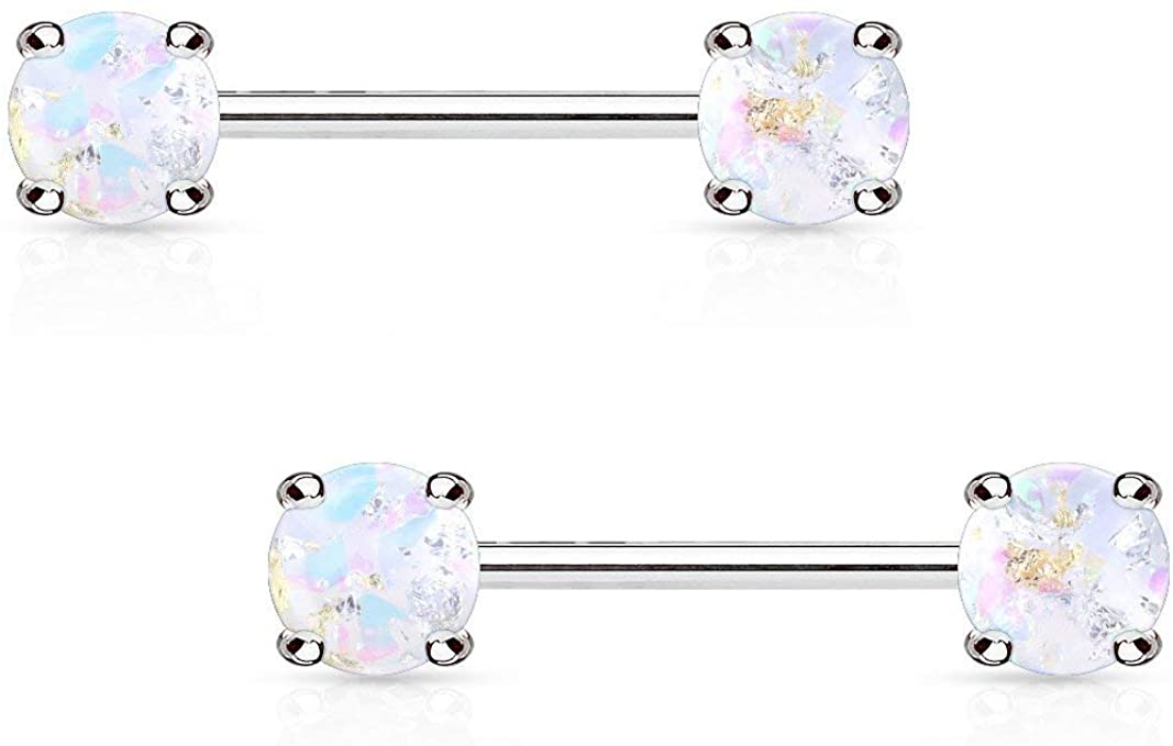 Forbidden Body Jewelry Pair of Surgical Steel 9/16 Inch (14mm) Glittery Faux Opal Stone Sexy Nipple Barbells